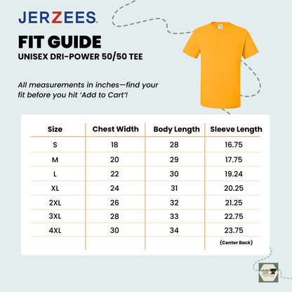 Jerzees Dri-Power 50/50 Unisex Tee fit guide with size chart on a light biue background.