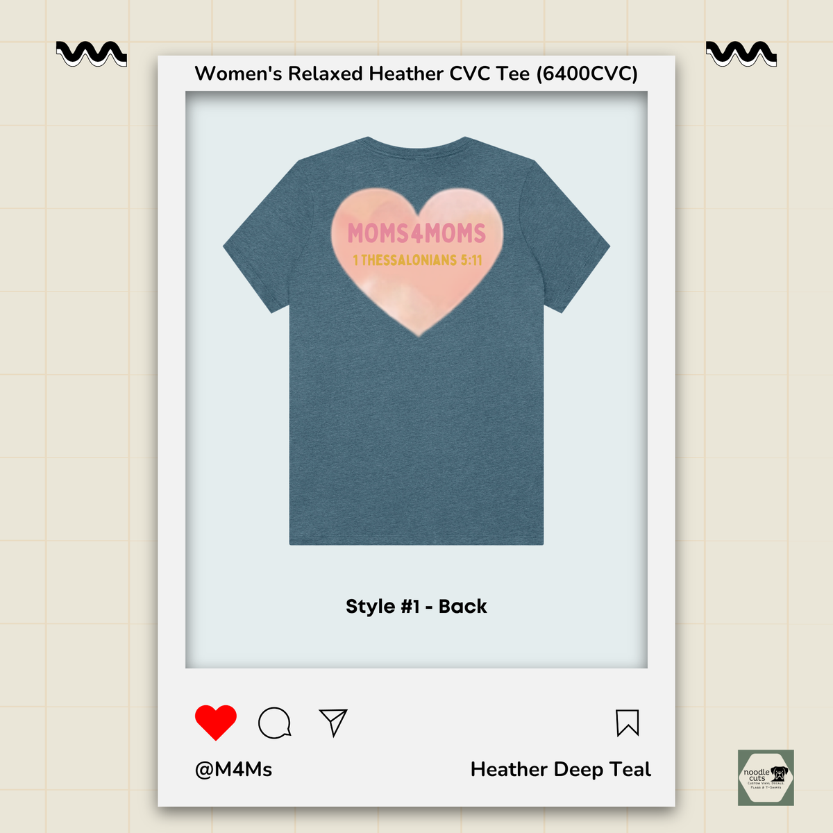 Back view of Moms4Moms Heather Deep Teal women's relaxed tee featuring coordinating M4M back design
