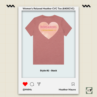 Back view of Moms4Moms Heather Mauve women's relaxed tee with coordinating M4M back artwork