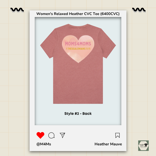 Back view of Moms4Moms Heather Mauve women's relaxed tee with coordinating M4M back artwork