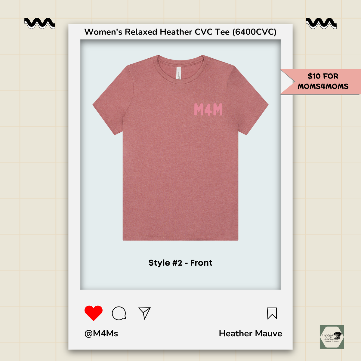 Moms4Moms Heather Mauve women's relaxed tee featuring small M4M left-chest logo