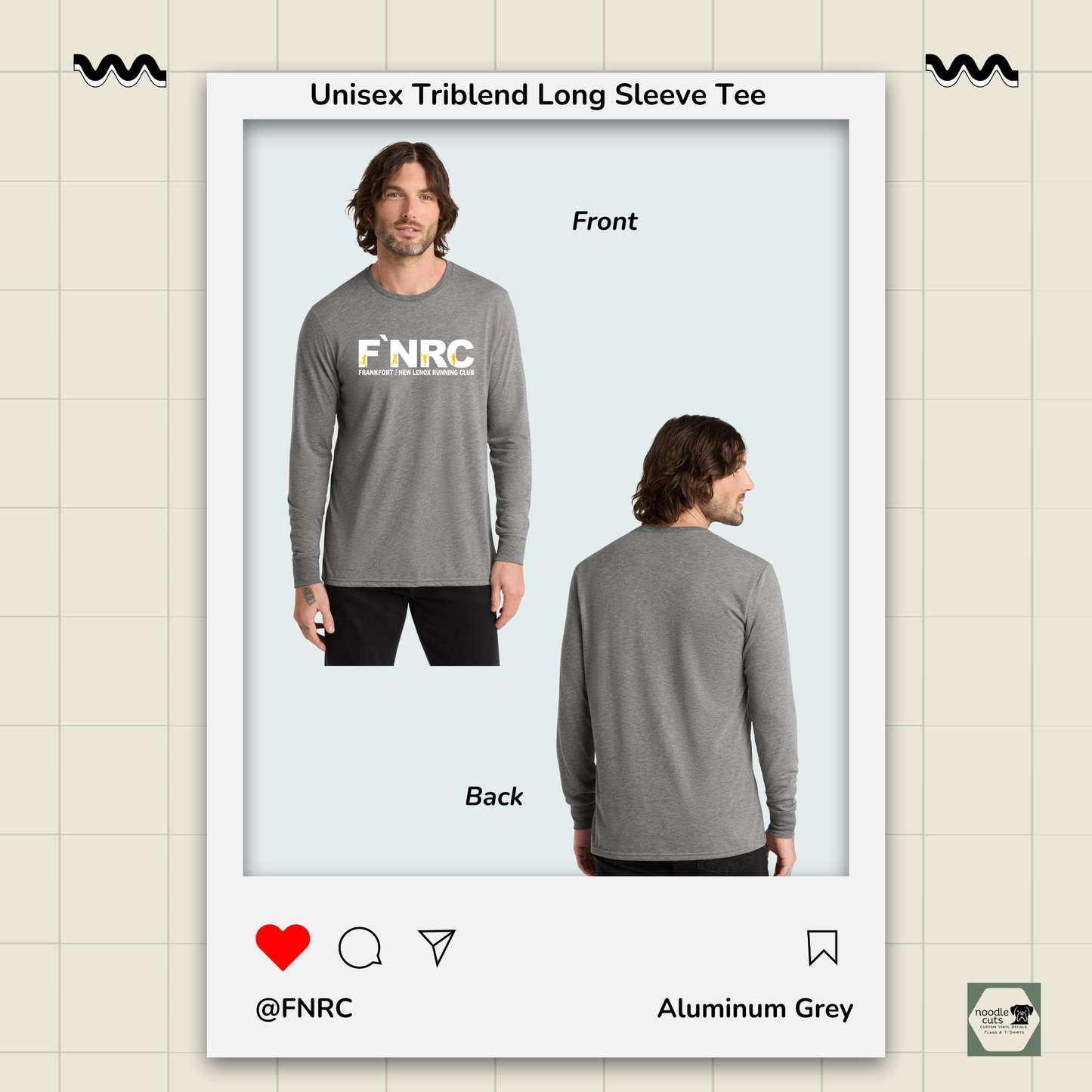 Front and back views of the Aluminum Grey Allmade® Unisex Tri-Blend Long Sleeve Tee with the updated 'FNRC" logo design, framed by a with the front featuring the updated 'FNRC" logo design.
