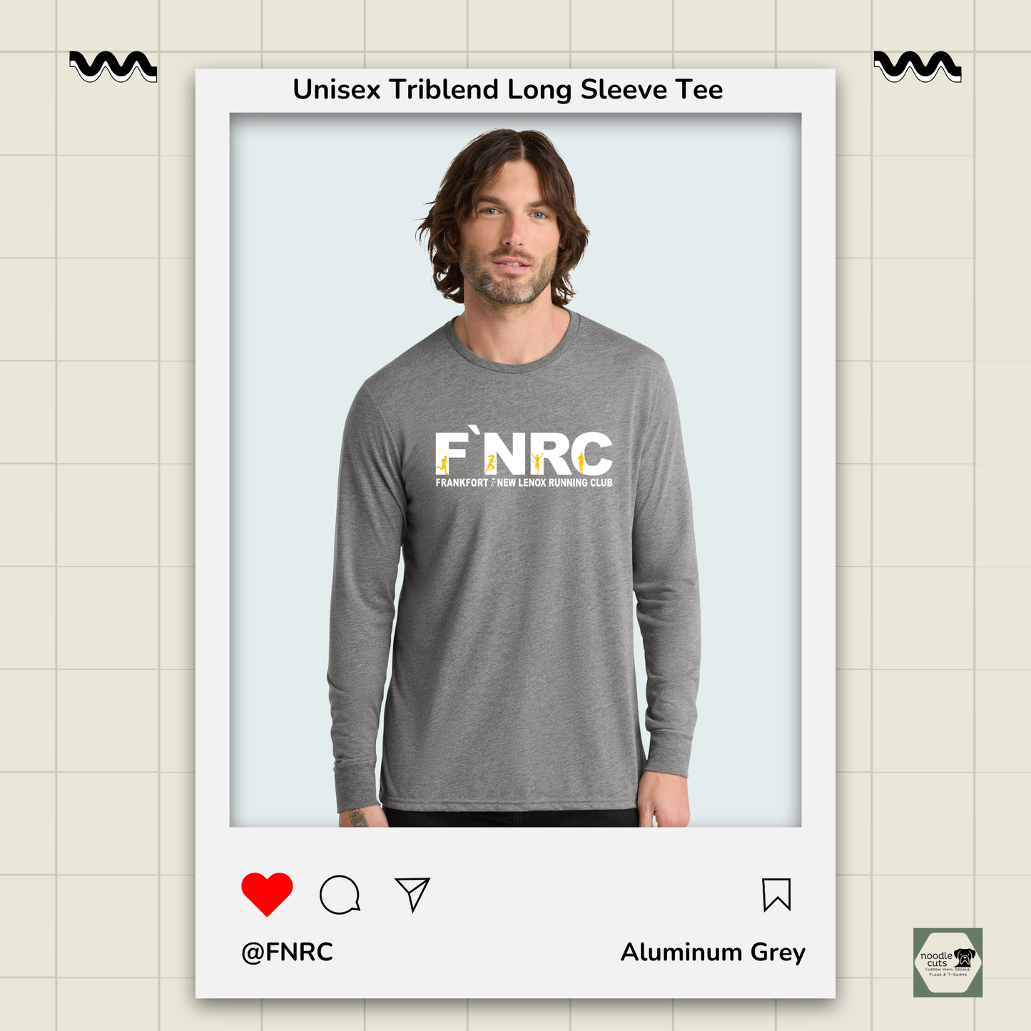 Aluminum Grey Allmade® Unisex Tri-Blend Long Sleeve Tee with the updated 'FNRC" logo design, framed by a product display border.