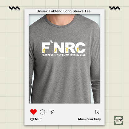 Close up view of the aluminum grey Allmade® Unisex Tri-Blend Long Sleeve Tee with the updated 'FNRC" logo design, framed by a the updated 'FNRC" logo design, framed by a product display border.