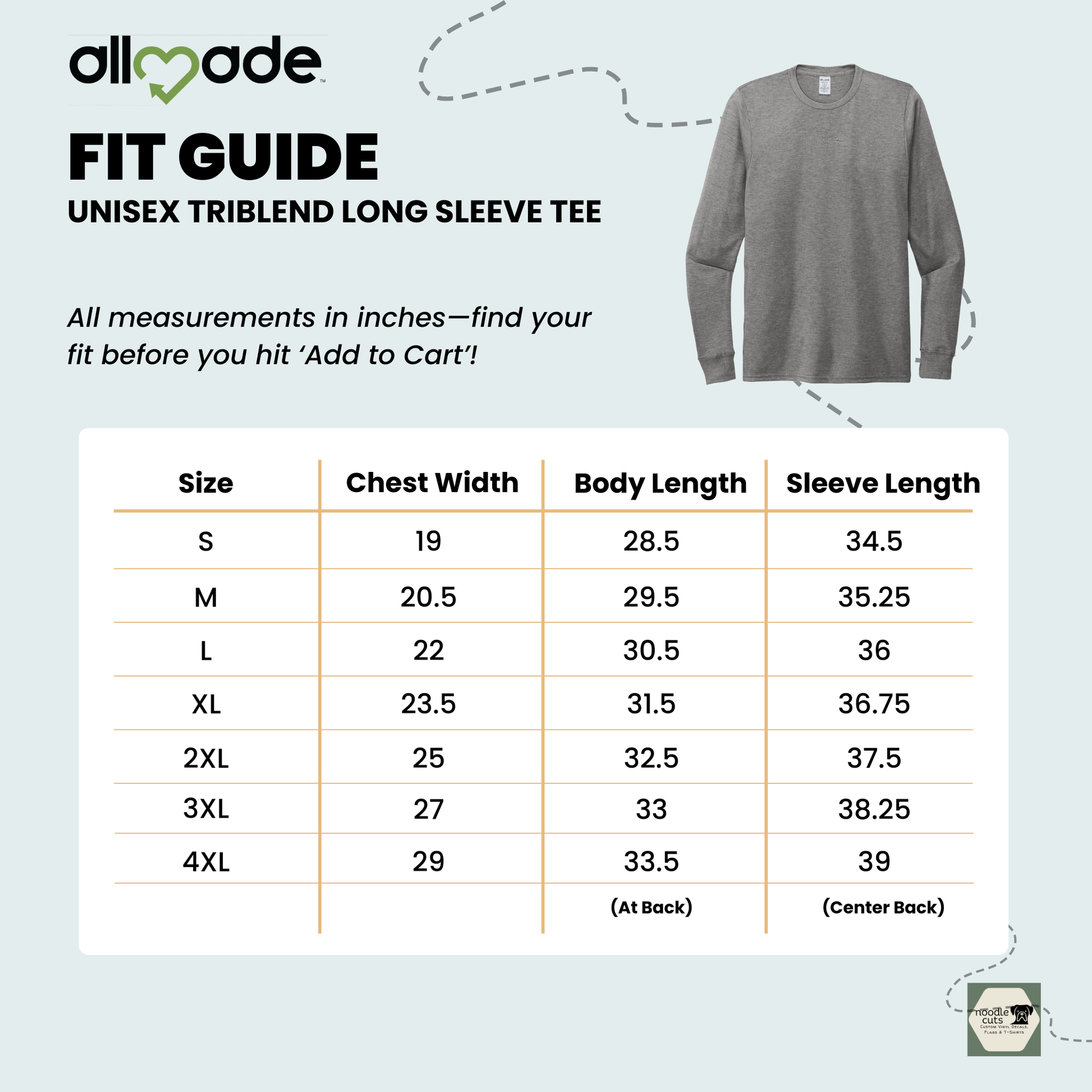 Allmade® Unisex Tri-Blend Long Sleeve Tee with the updated 'FNRC" logo design, framed by a fit guide with size chart on a light biue background.
