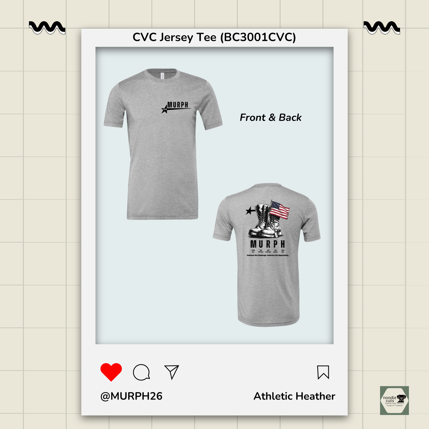 Athletic Heather t-shirt with front and back designs on a light beige background