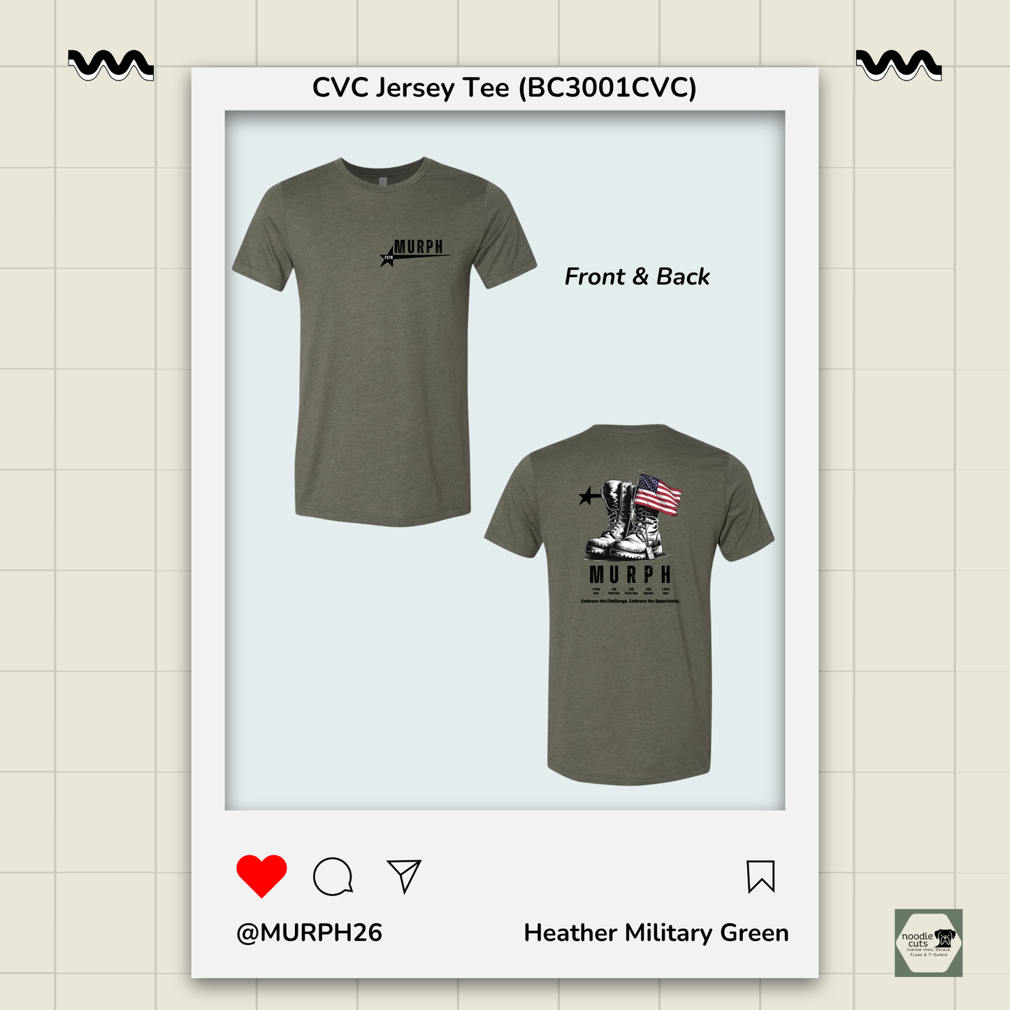 Heather military green t-shirt with front and back designs on a light beige background
