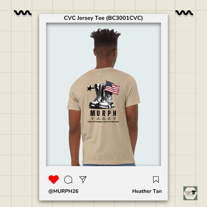 Beige t-shirt with 'Murph' design on a mannequin against a light background