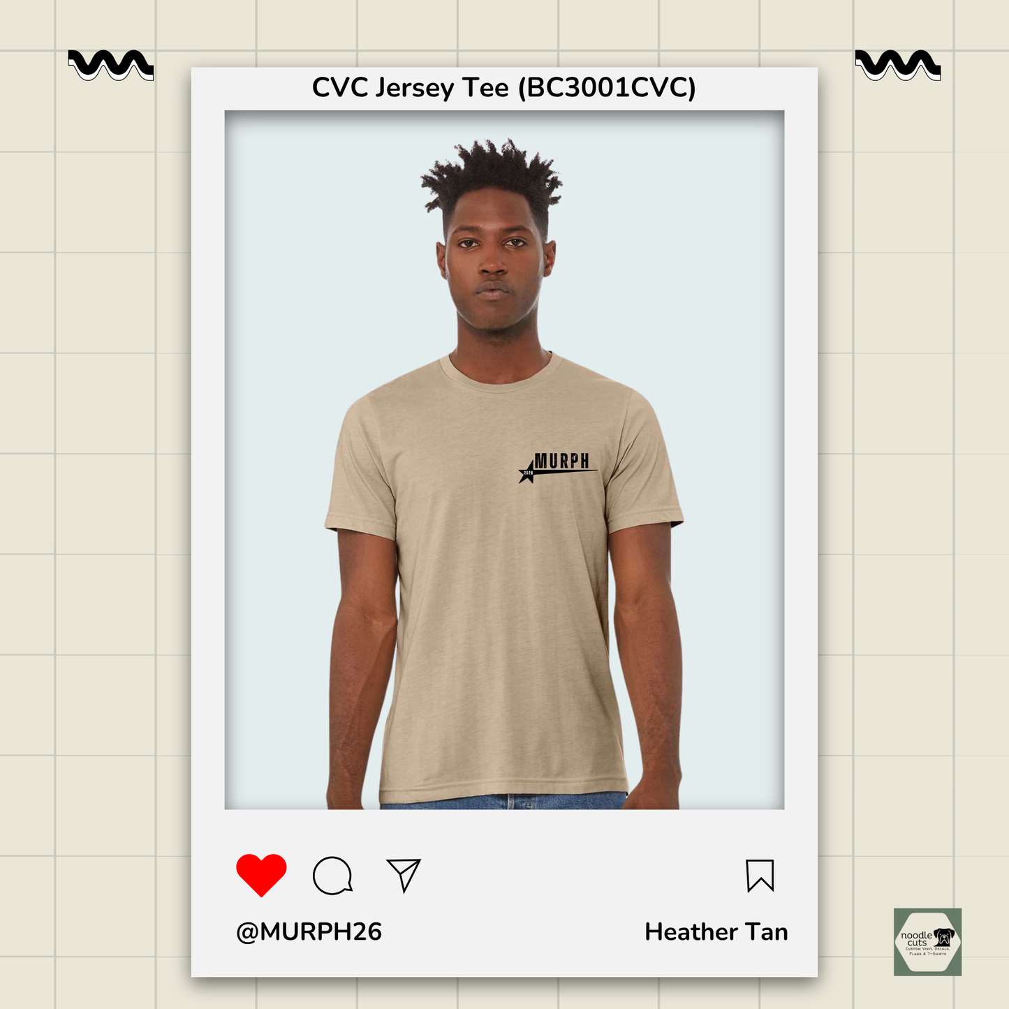 Man wearing a beige t-shirt with a logo, framed by a digital interface on a light background