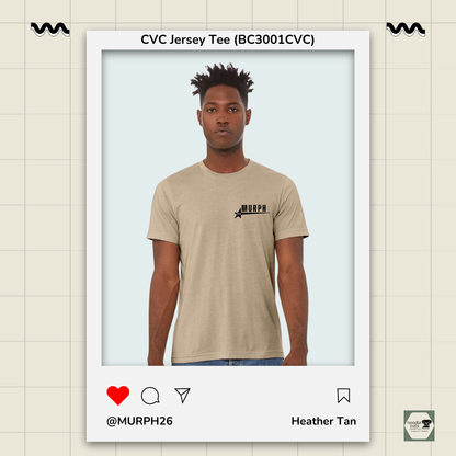 Man wearing a beige t-shirt with a logo, framed by a digital interface on a light background