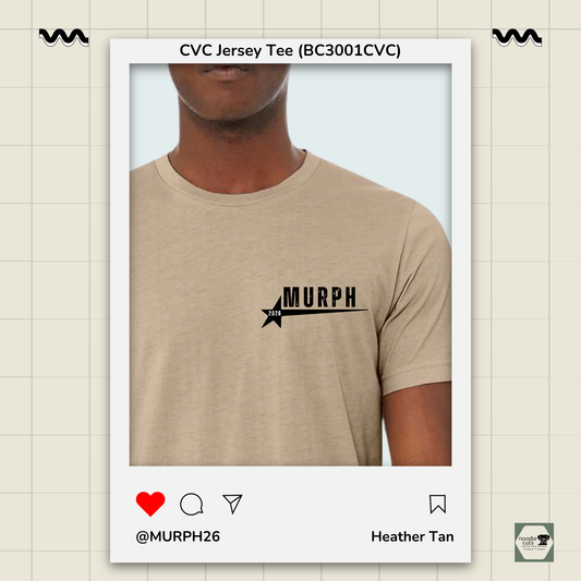 Beige t-shirt with 'MURPH' logo worn by a person, on a light beige background.