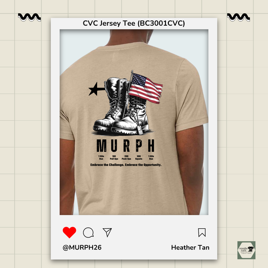 Beige t-shirt with military-themed design and 'MURPH' text on a light background