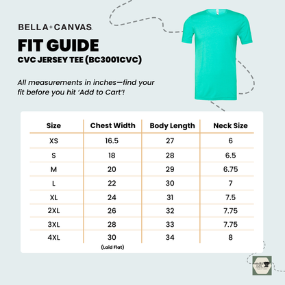 Bella Canvas Sizing Guide for the CVC Jersey Tee (3001CVC), sizes XS-4XL