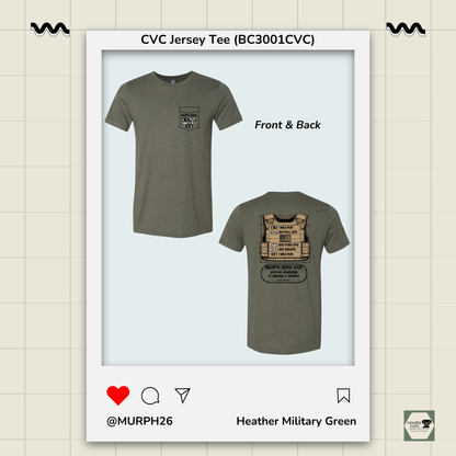Heather Military Green BC3001 CVC t-shirt showing the Murph  "vest" design featuring military-style movement badges representing each phase of the Murph workout on the front and back, against a light background.