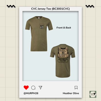 Heather Olive BC3001 CVC t-shirt showing the Murph  "vest" design featuring military-style movement badges representing each phase of the Murph workout on the front and back, against a light background.