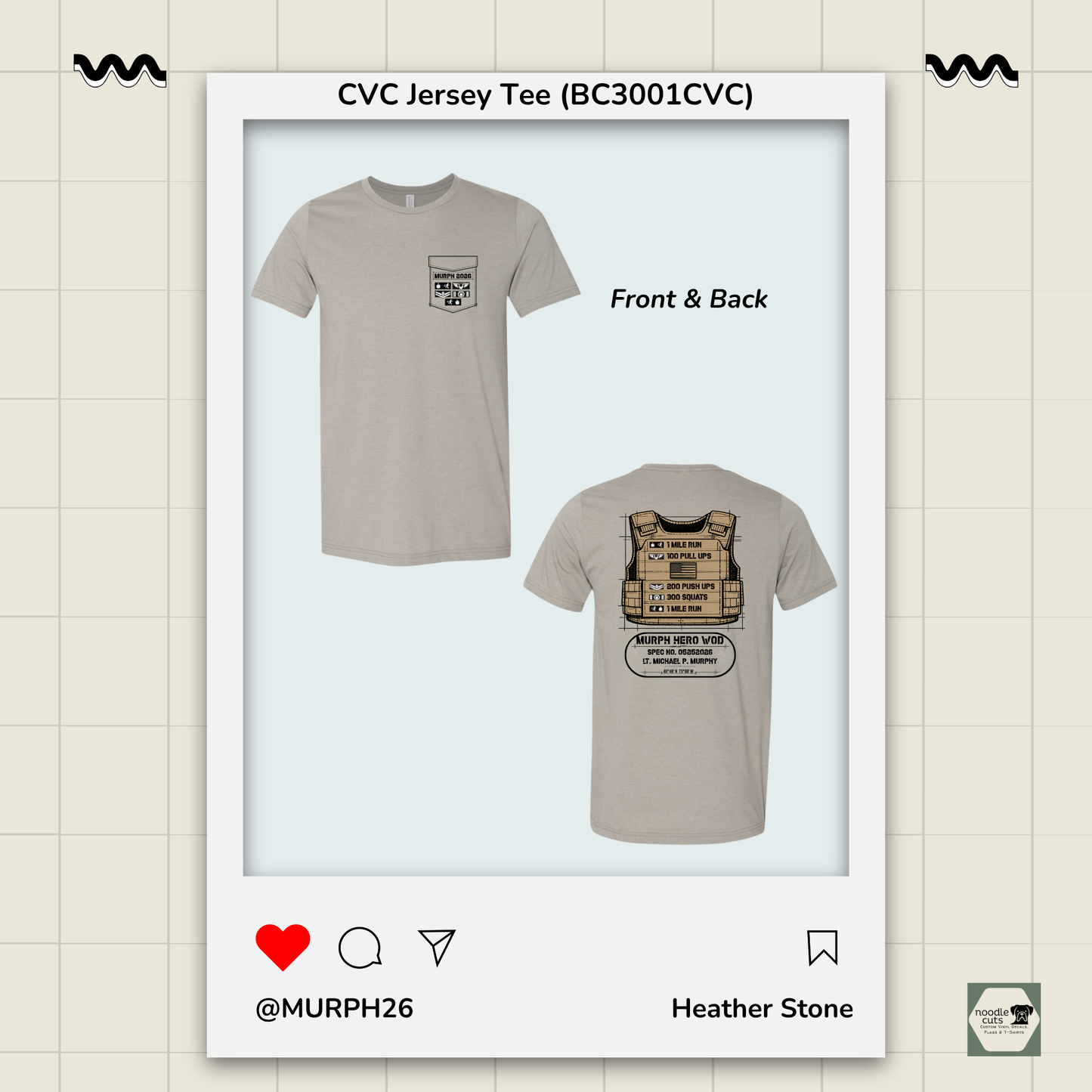 Heather Stone BC3001 CVC t-shirt showing the Murph  "vest" design featuring military-style movement badges representing each phase of the Murph workout on the front and back, against a light background.