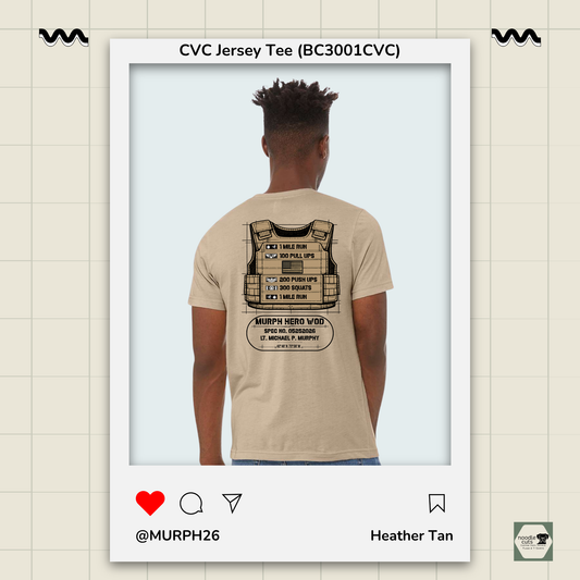 Bella Canvas 3001CVC heather tan t-shirt with Murph "vest" back design featuring ruck vest with military-style movement badges representing each phase of the Murph workout on the back, against a light background.