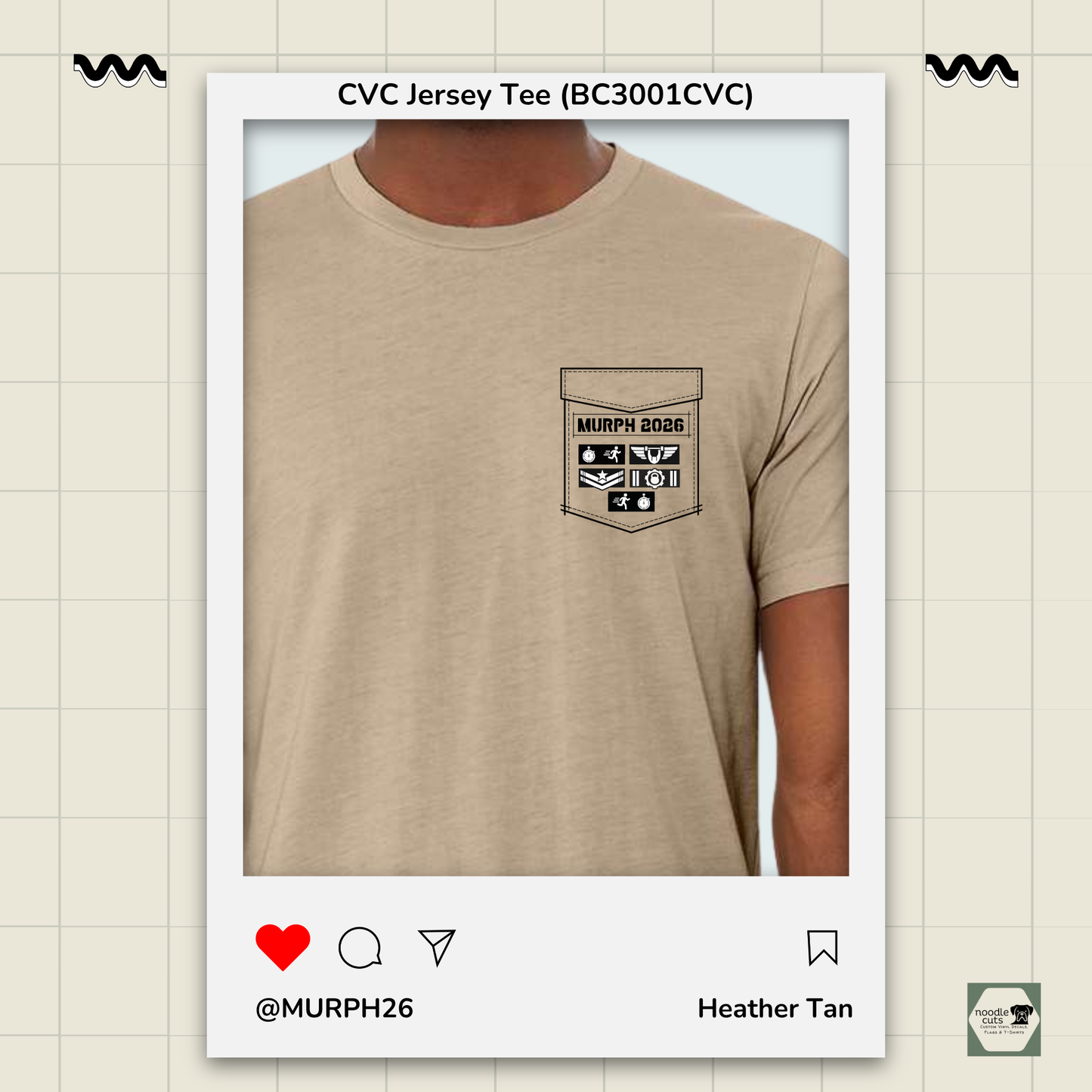 Bella Canvas 3001CVC heather tan t-shirt with Murph "vest" front pocket design featuring military-style movement badges representing each phase of the Murph workout on the back, against a light background.