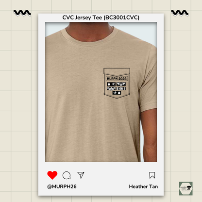Bella Canvas 3001CVC heather tan t-shirt with Murph "vest" front pocket design featuring military-style movement badges representing each phase of the Murph workout on the back, against a light background.