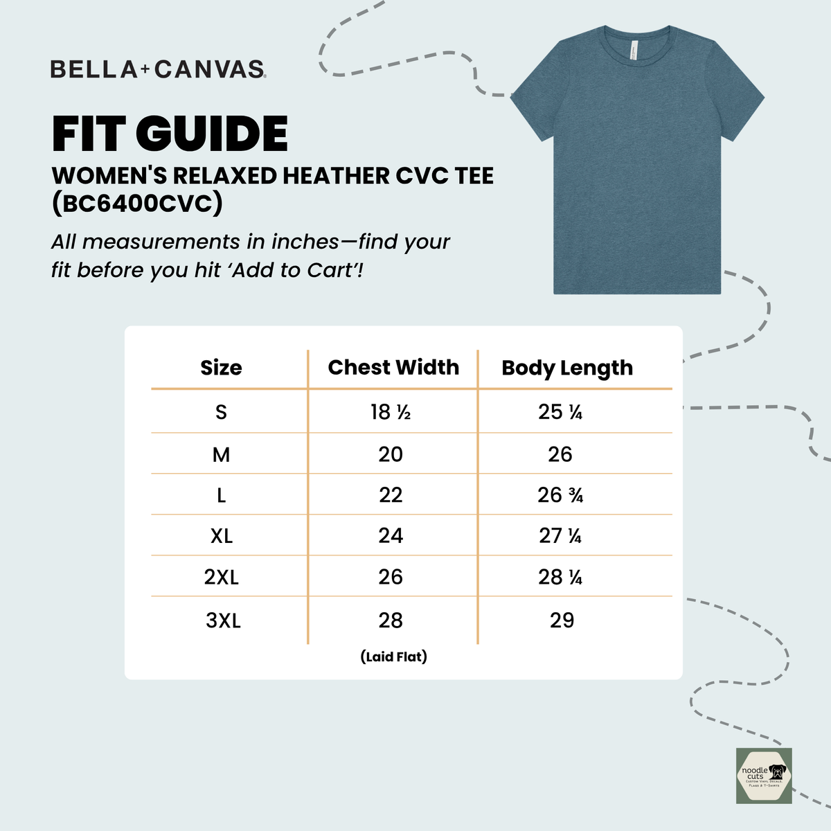 Bella+Canvas 6400CVC women's relaxed heather CVC tee size chart for Moms4Moms shirts, sizes S through 3XL