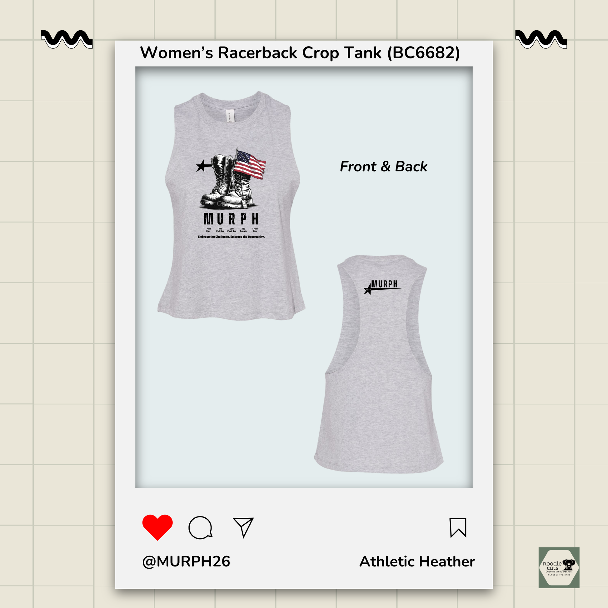 Gray racerback tank top with 'MURPH' design on a light beige background