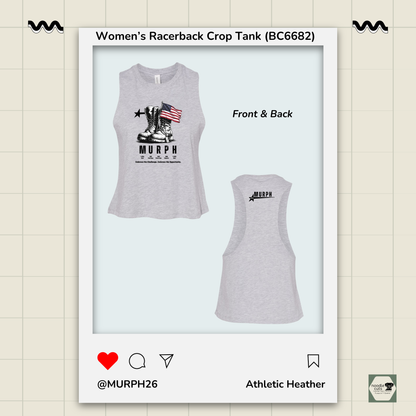 Gray racerback tank top with 'MURPH' design on a light beige background