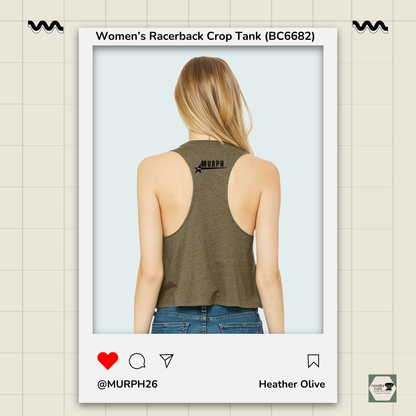 Woman wearing a brown racerback crop tank top with 'MURPH' branding on a light beige background.