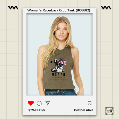 Woman wearing a green tank top with 'Murph' graphic design on a light beige background