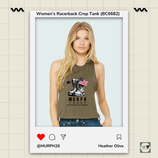 Woman wearing a green tank top with 'Murph' graphic design on a light beige background