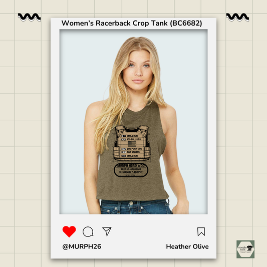 Murph Vest Memorial Day workout design on Heather Olive flowy racerback tank lifestyle mockup