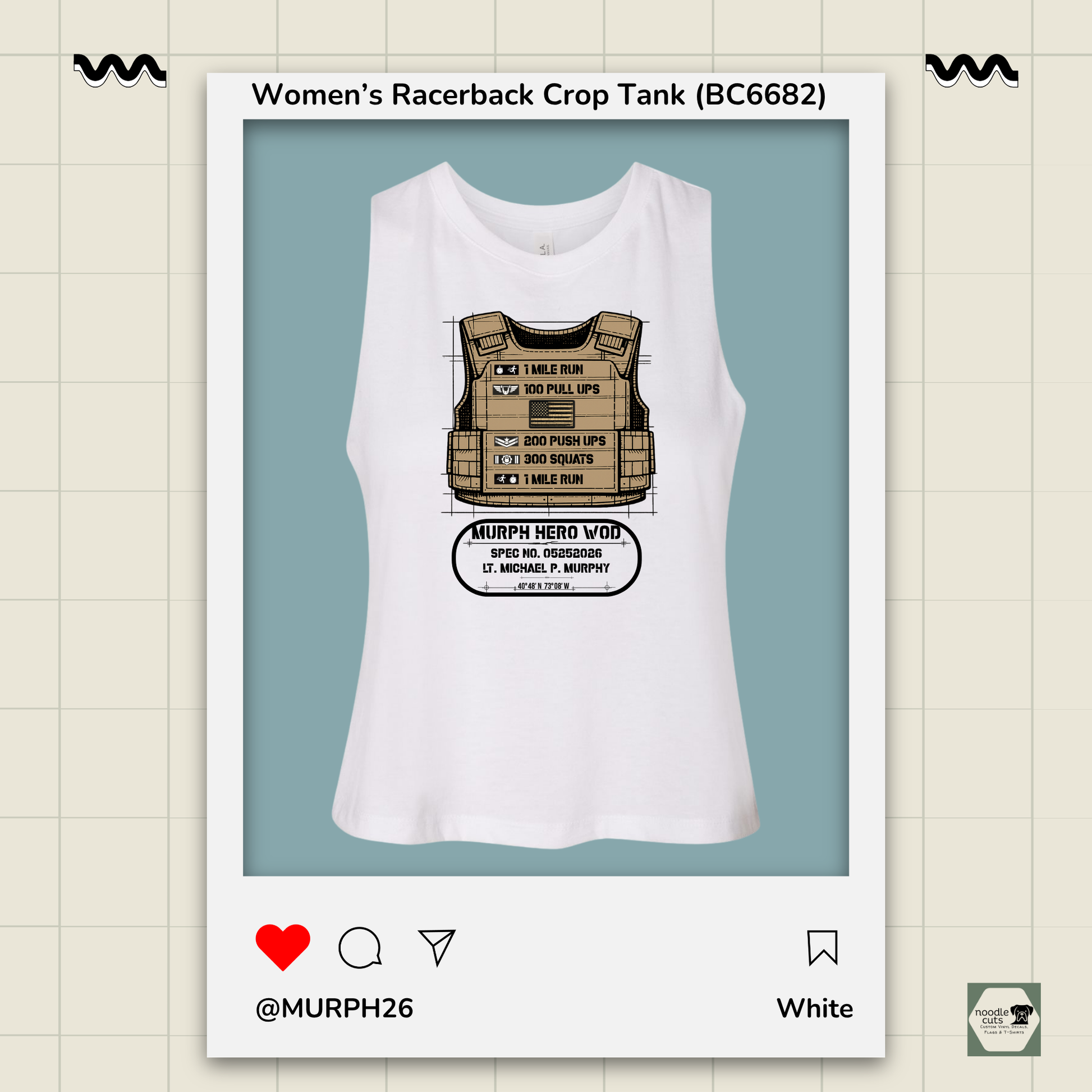 White Bella Canvas 6682 flowy tank featuring Murph 2026 Vest tribute design front graphic