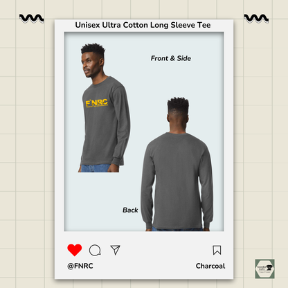 Front and back views of a charcoal Unisex Ultra Cotton® Long Sleeve Tee with the front featuring the updated 'FNRC" logo design.