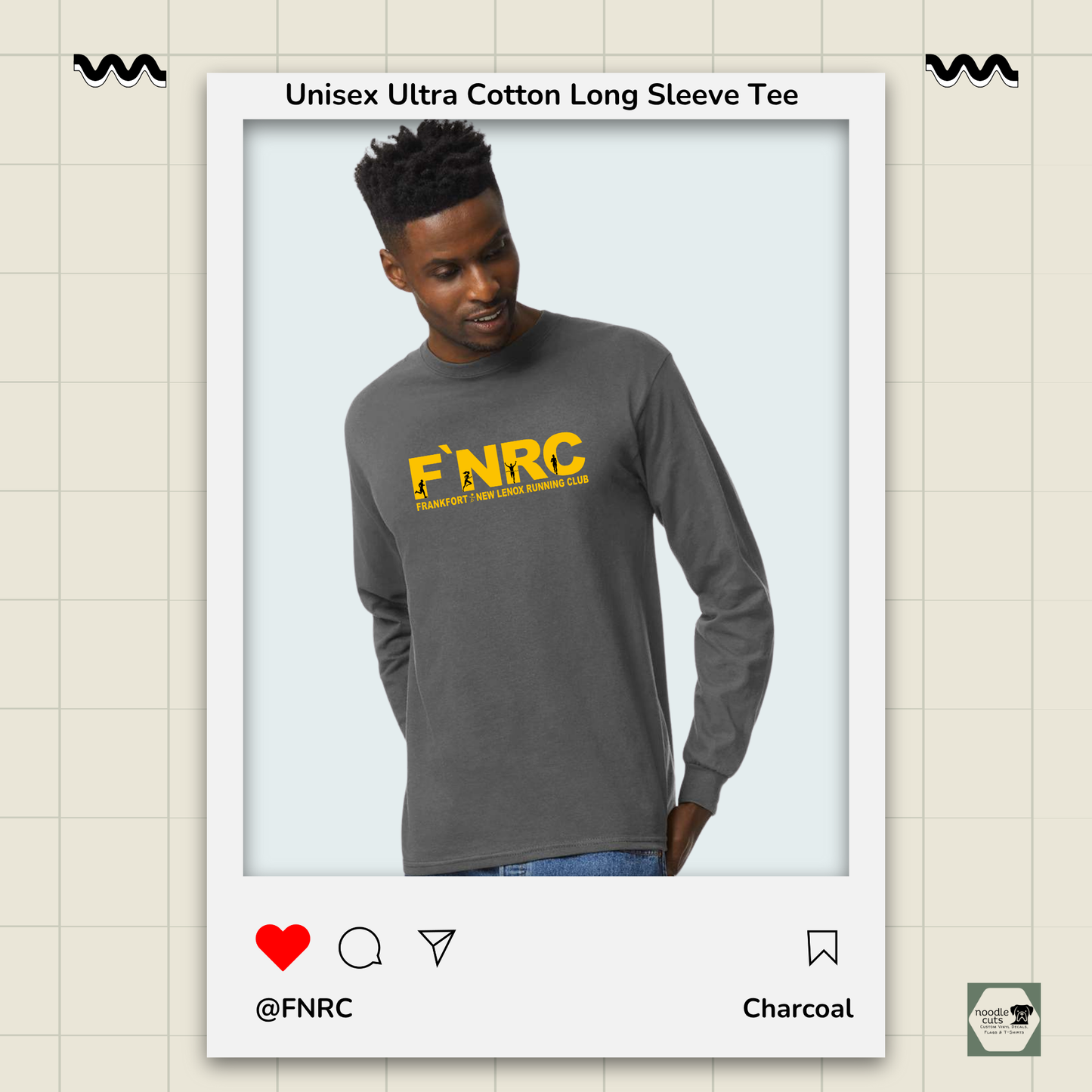 Charcoal Unisex Ultra Cotton® Long Sleeve Tee with the updated 'FNRC" logo design, framed by a product display border.