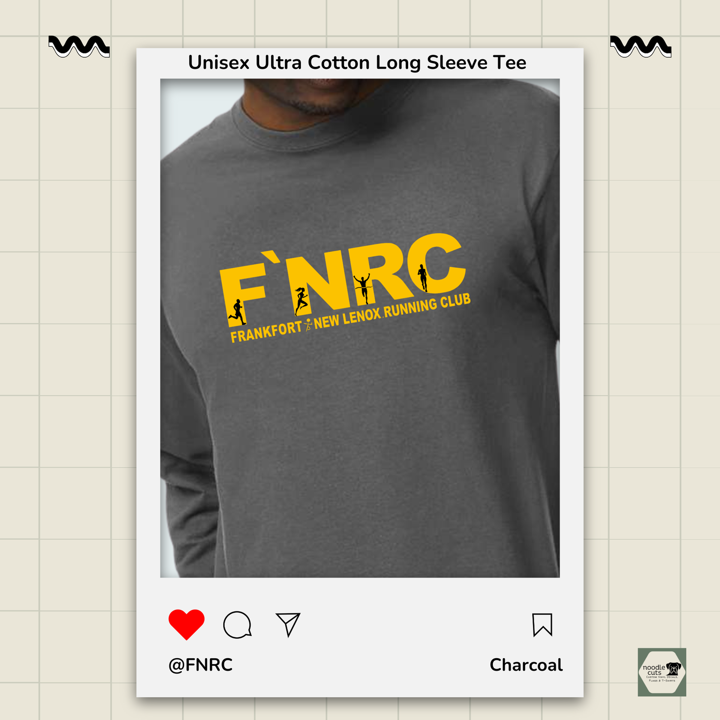 Close up view of the Unisex Ultra Cotton® Long Sleeve Tee the updated 'FNRC" logo design, framed by a product display border.