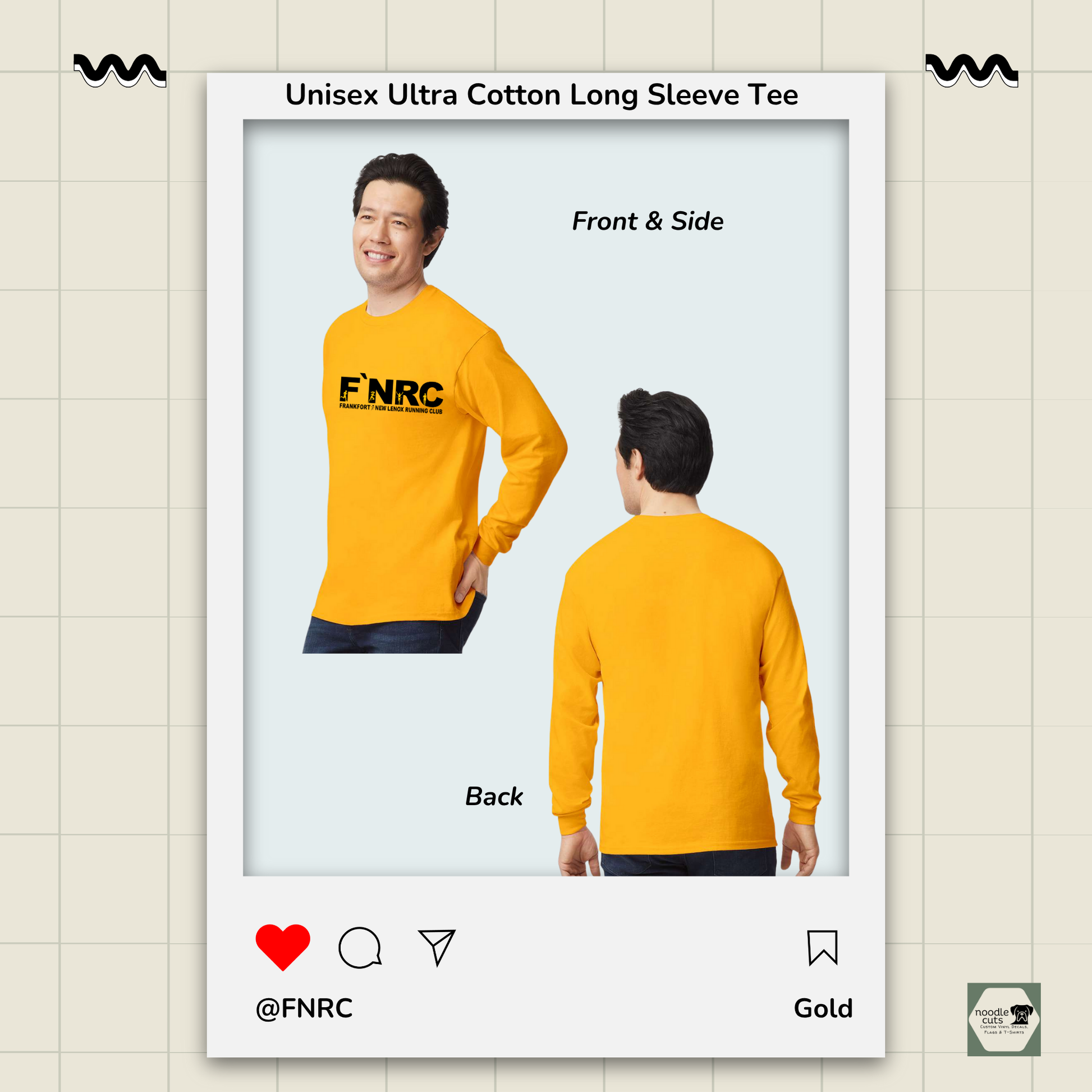 Front and back views of a gold Unisex Ultra Cotton® Long Sleeve Tee with the front featuring the updated 'FNRC" logo design.