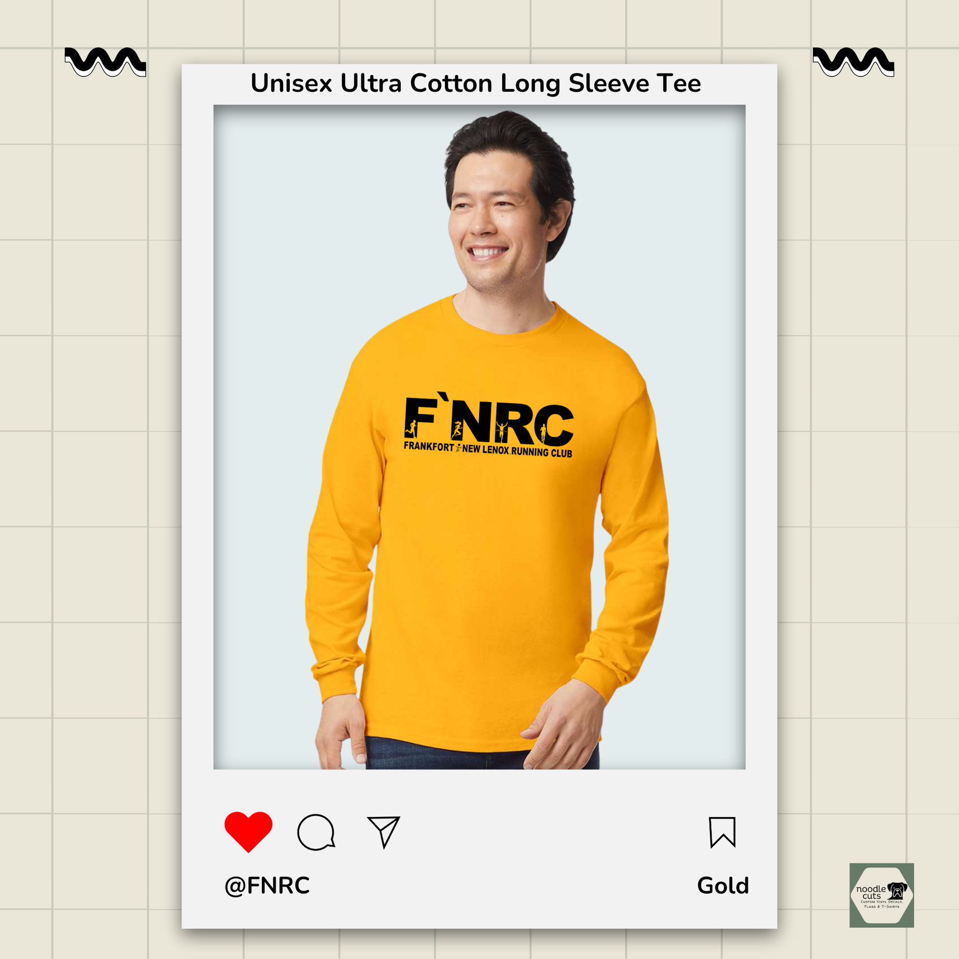 Gold Unisex Ultra Cotton® Long Sleeve Tee with the updated 'FNRC" logo design, framed by a product display border.