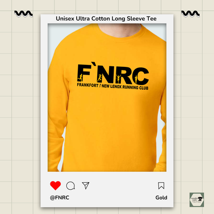 Close up view of the Unisex Ultra Cotton® Long Sleeve Tee the updated 'FNRC" logo design, framed by a product display border.