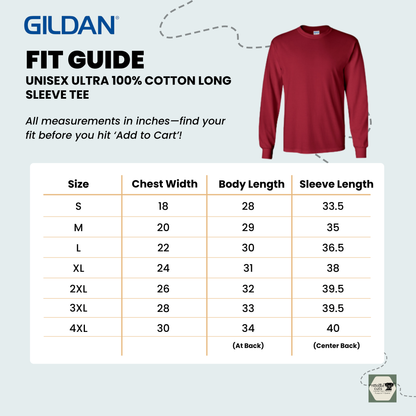 Unisex Ultra Cotton® Long Sleeve Tee fit guide with size chart on a light biue background.