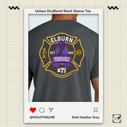 Dark Heather Grey t-shirt with Elburn and Hodgkin's Lymphoma design on the back, displayed against a light beige background.