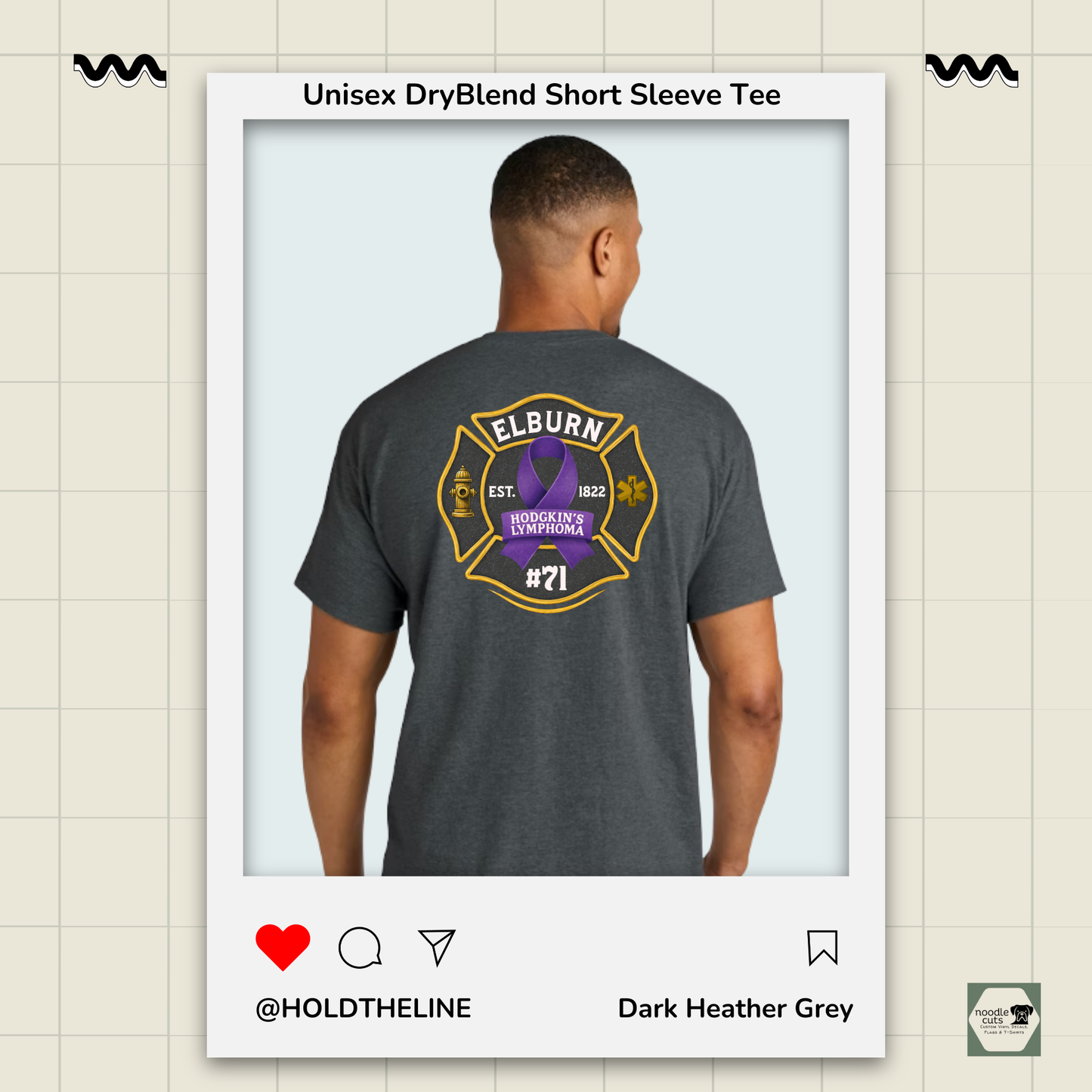 Man wearing a dark Heather Grey t-shirt with a logo on the back, displayed against a light beige background.