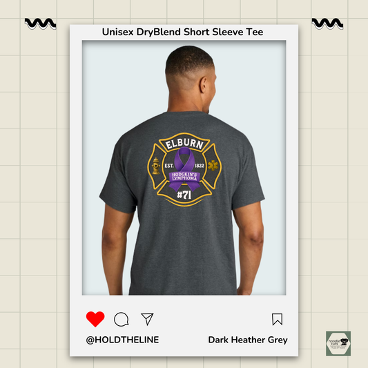 Man wearing a dark Heather Grey t-shirt with a logo on the back, displayed against a light beige background.