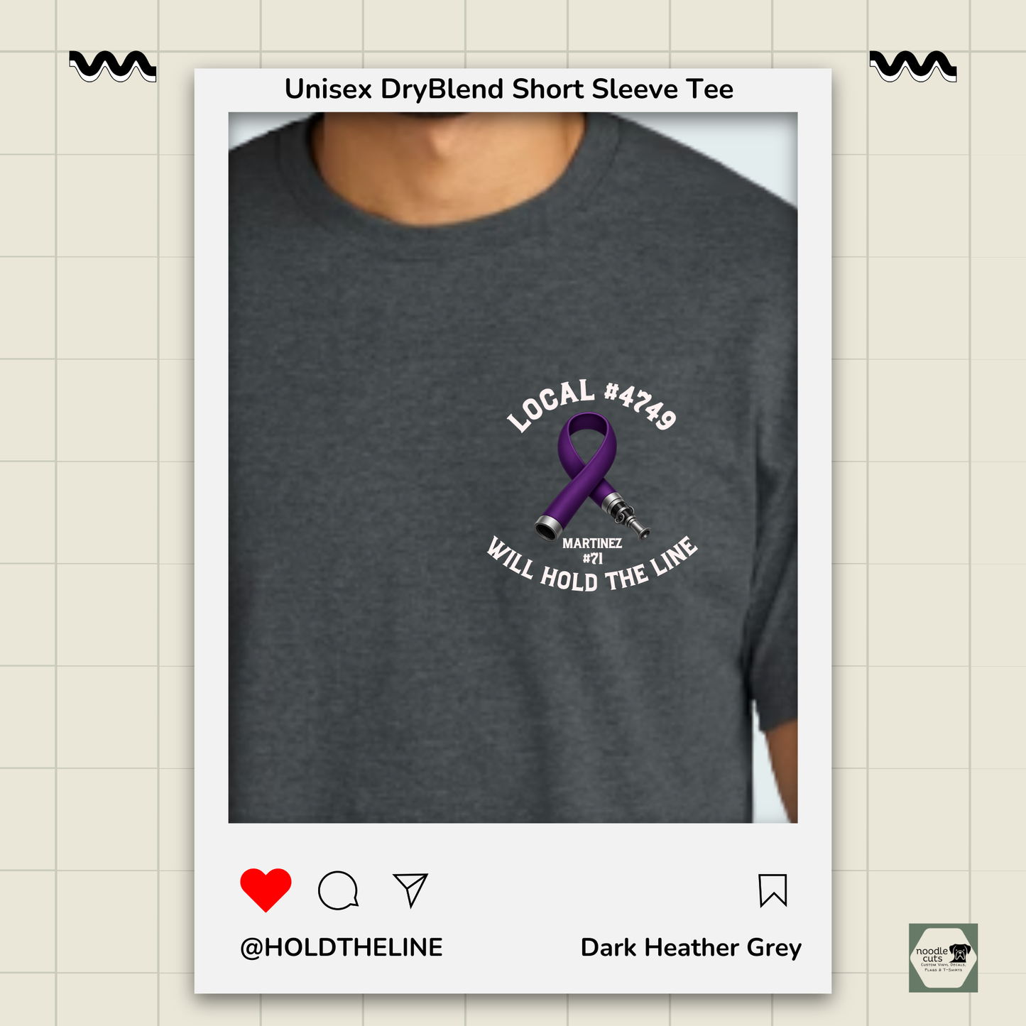 Dark Heather Grey t-shirt with a purple ribbon and text on a light beige background