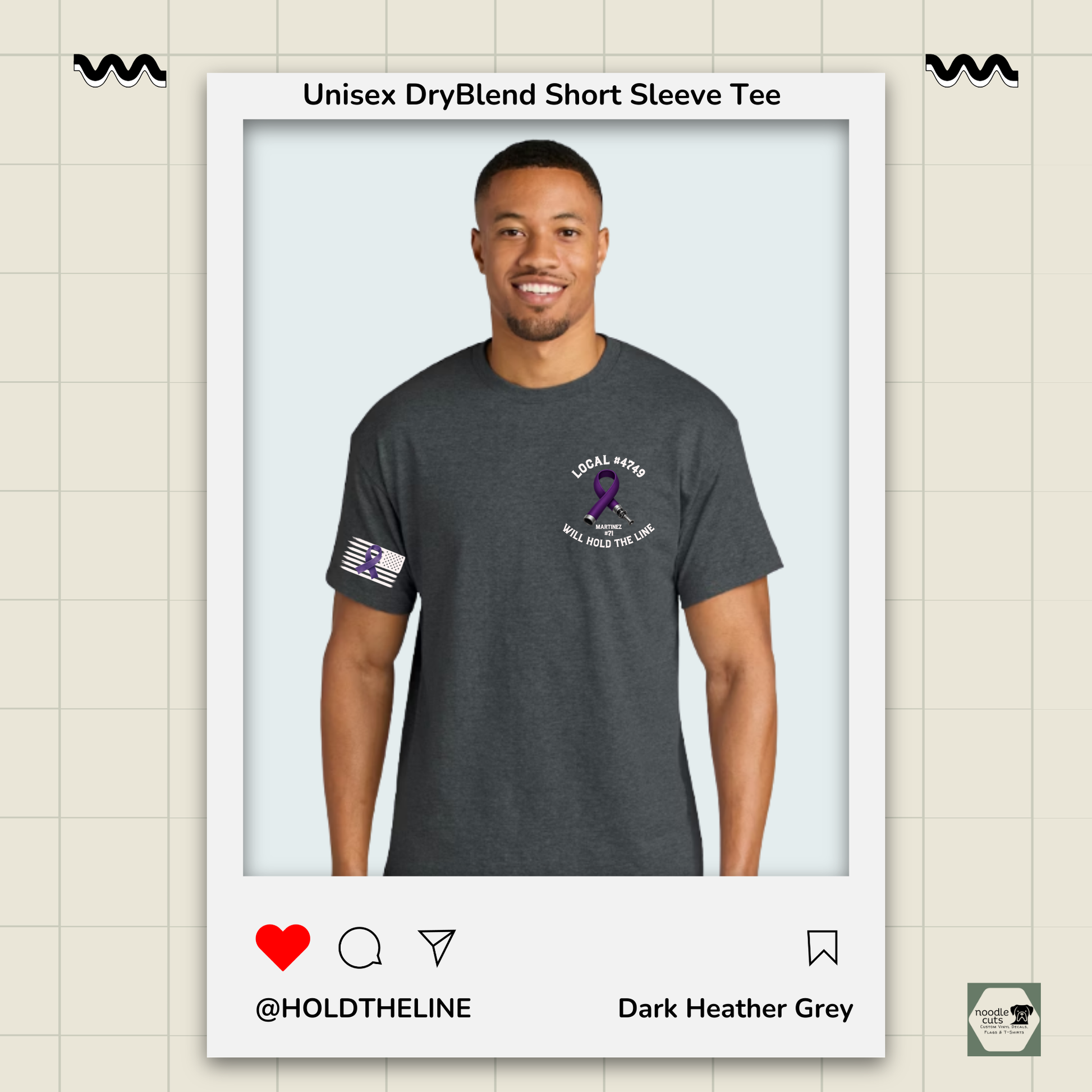 Man wearing a dark Heather Grey t-shirt with logos on a light beige background