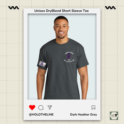 Man wearing a dark Heather Grey t-shirt with logos on a light beige background