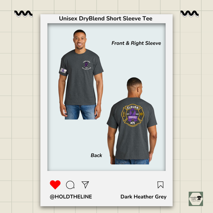 Dark Heather Grey Unisex DryBlend Short Sleeve Tee with front and back views of a person wearing it.