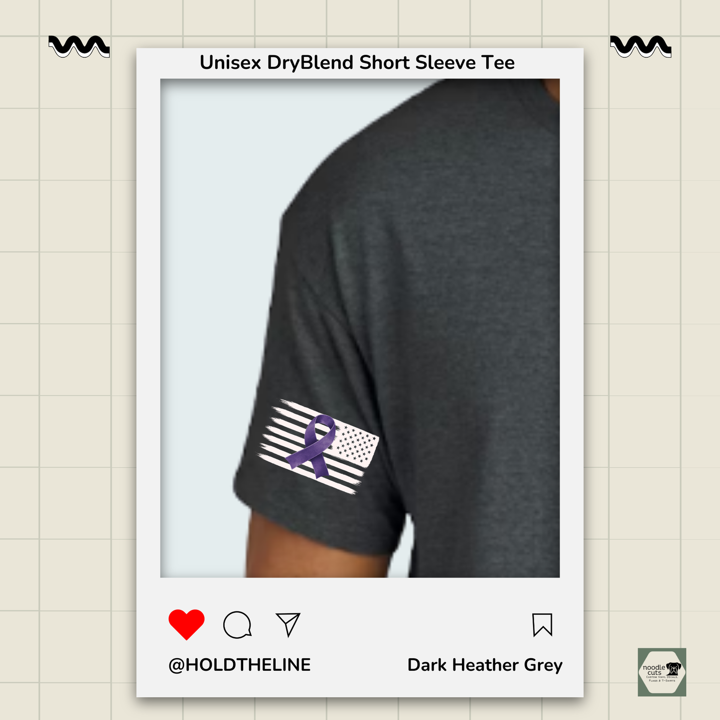 Dark Heather Grey t-shirt with a rear facing distressed flag design on the sleeve, displayed against a light background.