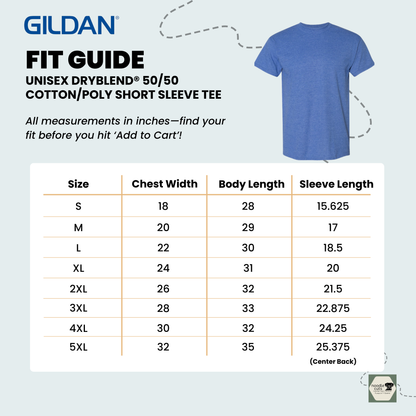 Gildan fit guide for a unisex dryblend 50/50 cotton/poly short sleeve tee with a blue t-shirt illustration.
