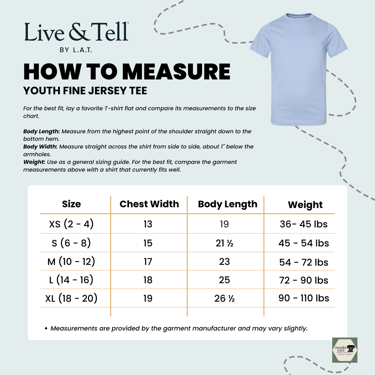 SPHC Herons LAT 6101 youth tee sizing chart with sizes XS through XL