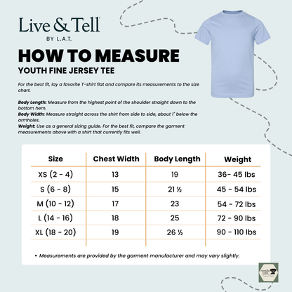 SPHC Herons LAT 6101 youth tee sizing chart with sizes XS through XL