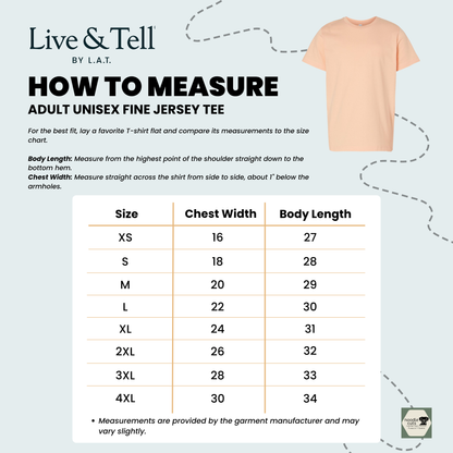 SPHC Herons LAT 6901 adult tee sizing chart with sizes XS through 4XL